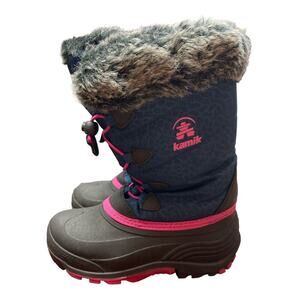 Kamik Navy Pink Black Faux Fur Snow Boots Girls Size 2